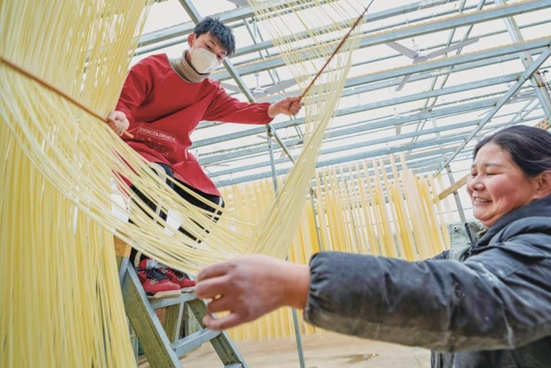 成县纸坊镇邵坪村村民在制作晾挂手工挂面