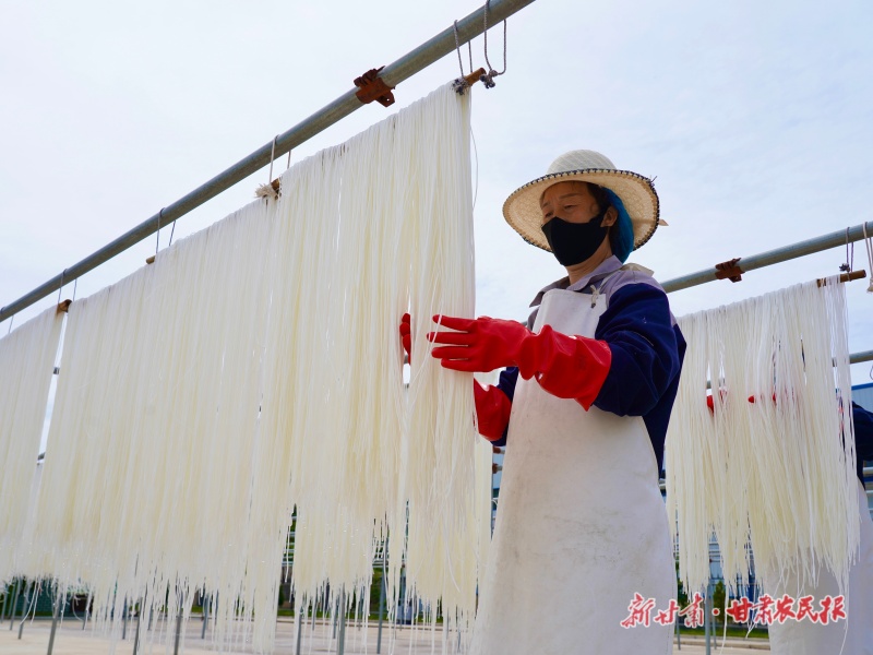西和县农产品生产车间工人翻晾粉条